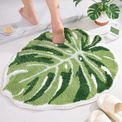 Non-slip Badmat met Monstera Blad Design, Boho Stijl, Groene Badmat voor Douche en Badkuip, Waterabsorberend en Comfortabel