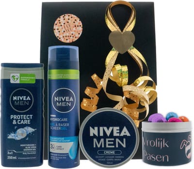 Nivea Cadeauset Men Pasen - Nivea Men Creme Blik 150 ml - Nivea Douche 250 ml For Men Protect & Care - Nivea Men Scheergel 200 ml Protect & Care - Gifts Snoepjeblikje Pasen