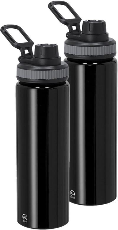Bellatio Design Waterfles/drinkfles sport bidon Fitmaster - 2x - metallic zwart - 800 ml - aluminium - schroefdop