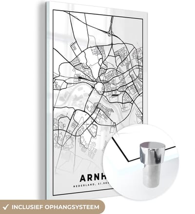 MuchoWow® Glasschilderij 40x60 cm - Schilderij acrylglas - Kaart - Arnhem - Zwart - Wit - Foto op glas - Schilderijen