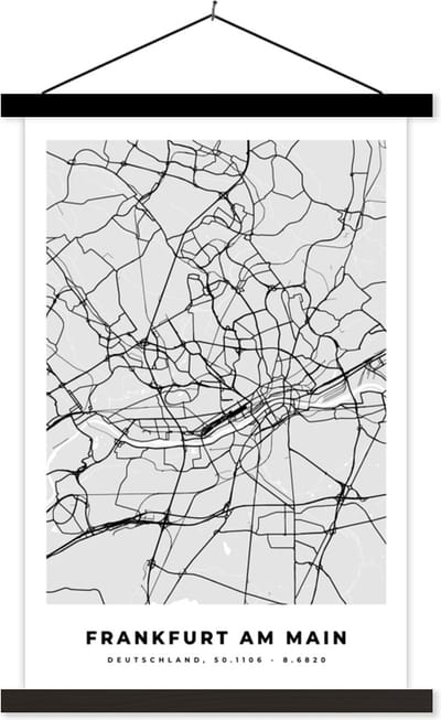 Posterhanger incl. Poster 40x60 cm - Schoolplaat - Frankfurt Am Main - Kaart - Stadskaart - Plattegrond - Duitsland - Textielposter - Zwarte latten - Stadskaart