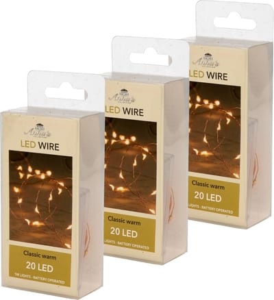 Anna's Collection Draadverlichting - Set van 3x stuks - lichtsnoer - 20 led lampjes - warm wit - 100 cm - op batterij