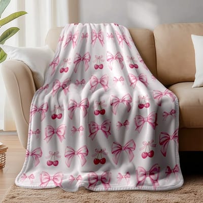 Schattige Kersen Bogen Dekentje, Fluffy Zachte Flanel Fleece Deken voor Kantoor, Slaapkamer en Woonkamer, Perfect als Cadeau voor Thuis en Reizen