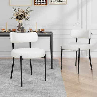 Puluomis Eetkamerstoelen - Set van 2 - Teddy Fleece - Lamsvacht - Metalen poten - Stoelen - Wit - Gevoerde zitkussens - Gebogen rugleuning