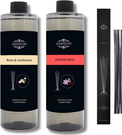 Navulling rose & cashmere + saffron rose + geurstokjes - Geurstokjes Navulling Set van 2 + 5 Geurstokjes - Geurverspreider - Luchtverfrisser - Huisparfum - 400ml x 2