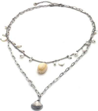 Schelpen Design Ketting Dames | Dubbele Laag | Parel Details | Verstelbaar | Roestvrij Staal | Zilverkleurig