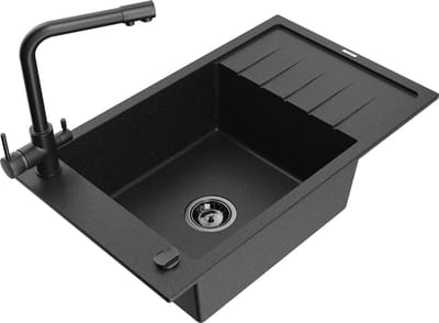 Mexen Elias granieten spoelbak met 1 bak, afdruiprek en Duero keukenkraan, zwart/zilver metallic - 6511-73-671600-70-B