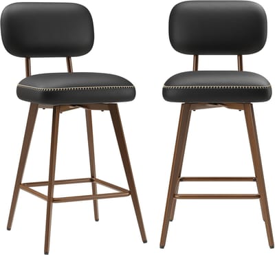 COLAMY - Set van 2 draaibare barkrukken van PU-kunstleer - toonbankhoogte - modern midden-eeuws design - met lage rugleuning en metalen onderstel - geschikt voor keukeneilanden - black