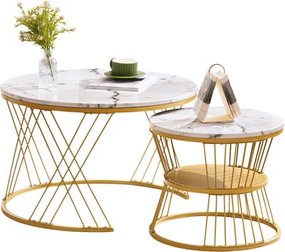 MODFU Set van 2 salontafels, rond, 70*70*47cm en 45*45*40cm, MDF hoogglans marmerfurnier, nesttafels