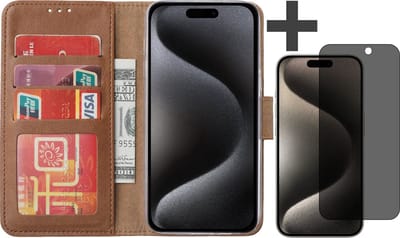 Hoesje met Privacy Screenprotector Geschikt voor iPhone 15 Pro – Arara bookcase met pasjeshouder - Bruin
