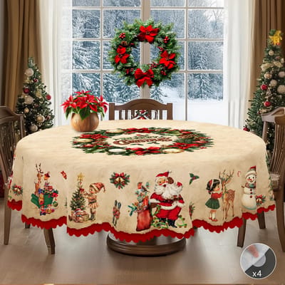 Kerst Vintage Boerderij Tafelkleed met Kerstman, rendieren & Kerstboom prints. Rechthoekige & ronde maten voor Kerst/Nieuwjaarsfeesten, keuken, binnen & Round (152)Cm white