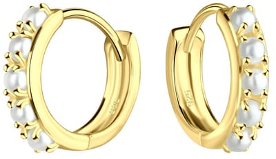 Joy|S - Zilveren parel oorringen - witte pareltjes - klap scharnier - 12 mm - goldplated oorbellen