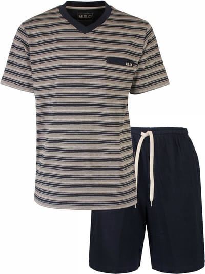 MEQ Heren Shortama - Gestreept Dessin - V Hals - Navy Blauw - Maat S