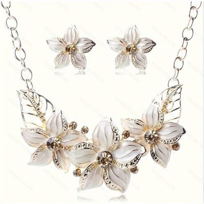 Trendy Bloemen Ketting Set Sleutelbeen Ketting Oorbellen Bloem Vrouwen Ketting Oorbellen Hanger Bruiloft Banket Bedel Dames Sieraden white