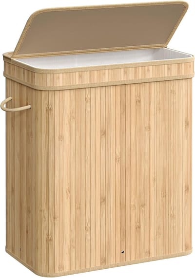 MAZAZU Wasmand Bamboe - Luxe Wasmand met Afneembare & Wasbare Linnen Zak - 100L - Beige - 54,5x34,5x61cm