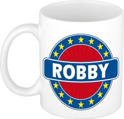 Bellatio Decorations - Robby voornaam - koffiemok - beker - wit/blauw - 300 ml - Cadeau - Heren - Collega - Vaderdag - Verjaardag