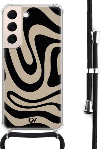 Telefoonhoesje met koord geschikt voor Samsung S22 - Abstract Black Waves - Inclusief koord - Transparant, Zwart - - Crossbody beschermhoes - Met Telefoonketting