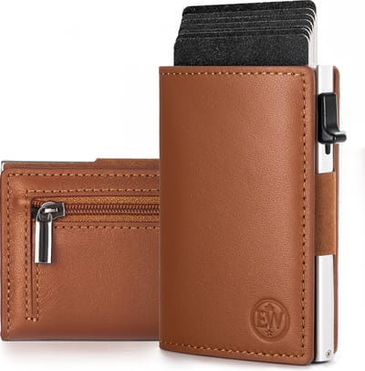 EliteWallets® Pasjeshouder Smart - Uitschuifbaar met Ritsvakje - Kaarthouder voor Mannen en Vrouwen - Nappa Leer - RFID Bescherming - Pashouder voor 10 Pasjes en Muntgeld - Bruin