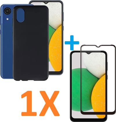Silicone hoesje zwart met 1 Pack Full Tempered glas Screen Protector Geschikt voor: Samsung Galaxy A03 Core