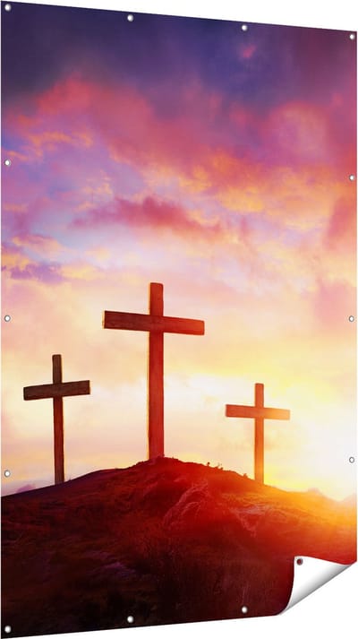 Gards Tuinposter Kruisiging van Jezus Christus - Drie Kruisen - 120x180 cm - Tuindoek - Tuindecoratie - Wanddecoratie buiten - Tuinschilderij