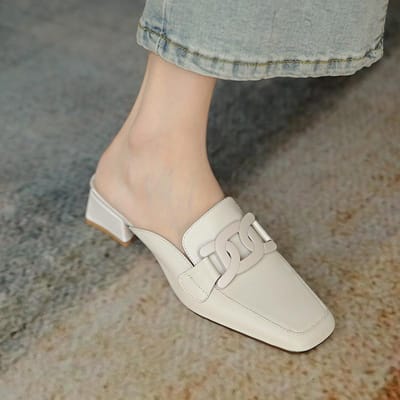 Zomer Retro Semi-slipper Ketting Vrouw Dames Schoenen met Middelhoge Hak Ronde Neus Gouden Ketting Gesloten Teen Casual Schoenen 36 black