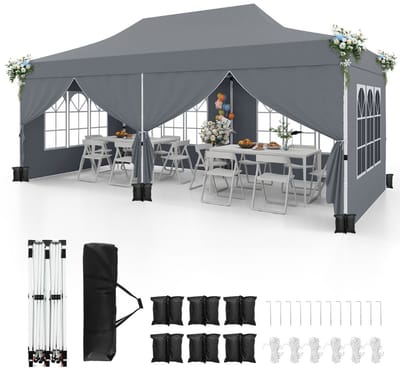 Partytent opvouwbaar - Paviljoen - 300 x 600 cm - Easy up - Waterdicht - met Zijwanden - Weerbestendig - Grijs