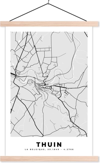 Posterhanger incl. Poster 40x60 cm - Schoolplaat - België – Thuin – Stadskaart – Kaart – Zwart Wit – Plattegrond - Textielposter - Blanke latten - Stadskaart