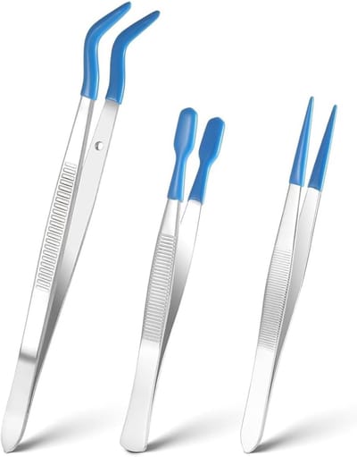 Lange pincetten set - Precisie tangen - Detail werkzaamheden - Antislip rubberen punten - 3 stuks - Blauw en Zilver