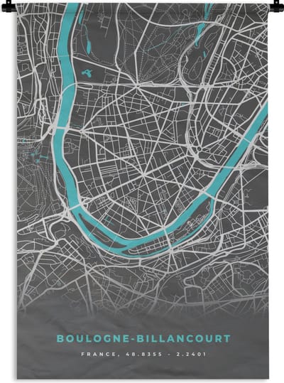 Wandkleed - Wanddoek - Frankrijk - Boulogne-Billancourt - Stadskaart - Kaart - Plattegrond - 120x180 cm - Wandtapijt