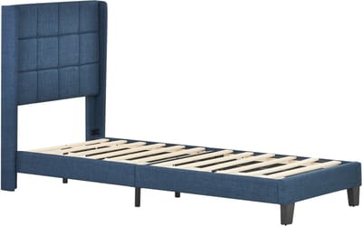 COVREO Gestoffeerd bed met hoofdbord – 208x97x111 cm – Eenpersoonsbed met lattenbodem – voor volwassenen – Blauw - met matras