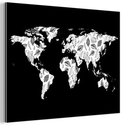 Aluminium schilderij 120x90 cm - Wanddecoratie metaal - Wereldkaart - Planten - Zwart - Metalen muurdecoratie woonkamer - Decoratie industrieel - Foto op dibond - Industriële accessoires slaapkamer