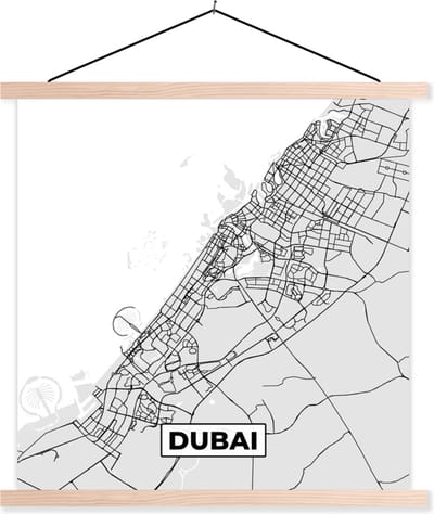 Posterhanger incl. Poster 40x40 cm - Schoolplaat - Dubai - Stadskaart - Plattegrond - Zwart Wit - Kaart - Textielposter - Blanke latten - Stadskaart