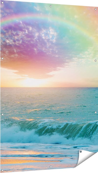 Gards Tuinposter Regenboog in het Water bij het Strand - 100x150 cm - Tuindoek - Tuindecoratie - Wanddecoratie buiten - Tuinschilderij