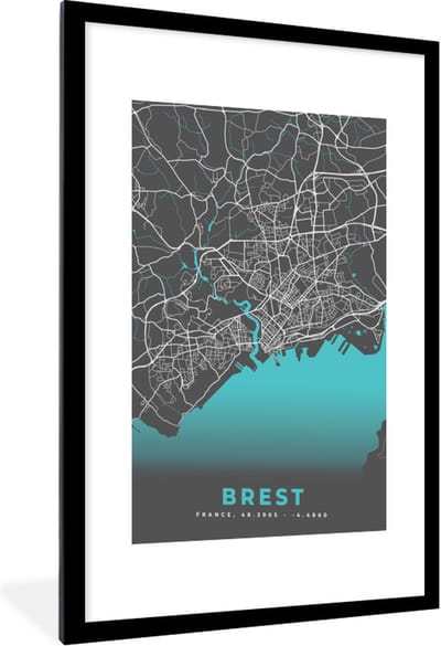 Fotolijst incl. Poster - Kaart - Stadskaart - Brest - Frankrijk - Plattegrond - 60x90 cm - Posterlijst