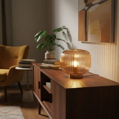 LUSENZ Virello - Tafellamp Amber glas 25 cm - Lampenstandaard goud Metaal - Dressoir lamp - Vintage tafellamp - E27 fitting - Met aan/uit-schakelaar