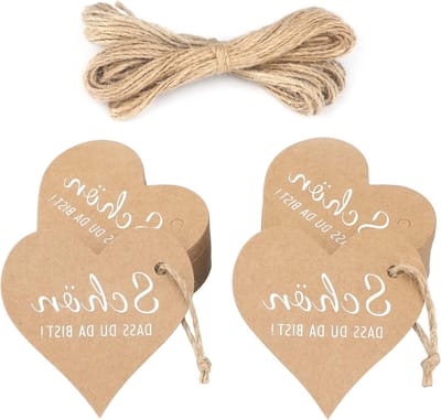 Hartvormige Hangtag met "Schön dass Du Da bist" - 100 Stuks Kraftpapier en 20 m Jute Touw voor Trouwen, Cadeaus en Creatieve Projecten
