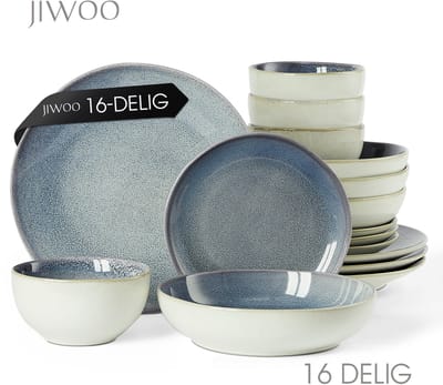 Serviesset 16-Delig, Dinnerset 4 Persoons, Dubbel reactief glazuur, Geschikt voor familiefeesten, banketten, restaurants, Horeca en picknicks, Magnetron-vaatwasserbestendig, Keramiek