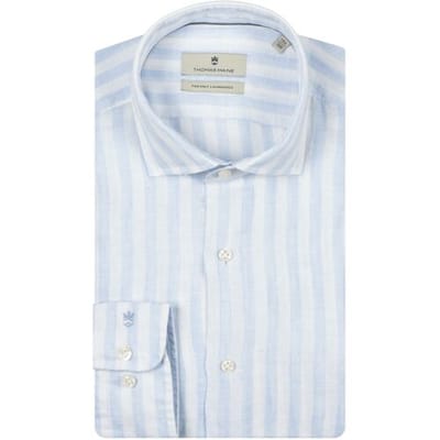 Thomas Maine Overhemd Roma Modern Kent Linnen Stripe Licht Blauw / male
