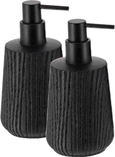 Tendance Zeeppompje/zeepdispenser - 2x - zwart - hout look - kunststof - 350 ml