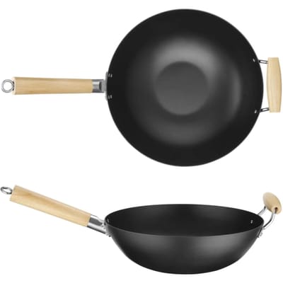 HENDI Wok van carbonstaal – Houten handgreep – Ø 32 cm – 56,5 cm lang – Inductiegeschikt