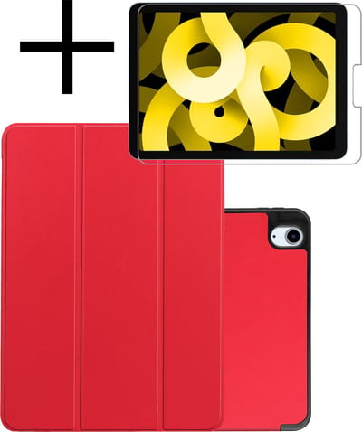 Hoes - Geschikt voor Apple iPad Air 5 (2022) - 10.9 inch - 5e Generatie - M1 - Met Screenprotector - Trifold Bookcase - Hard Cover Case - Met Uitsparing Geschikt voor Apple Pencil - Hardcover Book - Tablet Hoesje - Rood