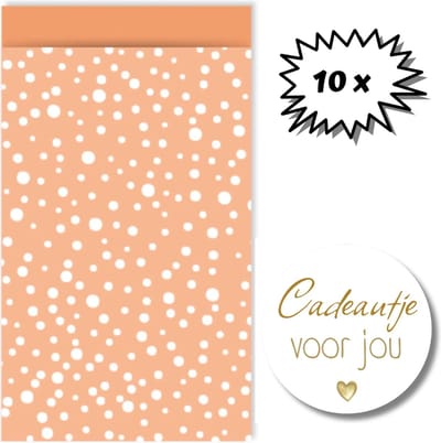 10 Papieren Oranje Cadeauzakjes - 10 Cadeaustickers Goud Wit - Uitdeelzakjes Inpakzakjes Traktatie - 12 x 19 cm
