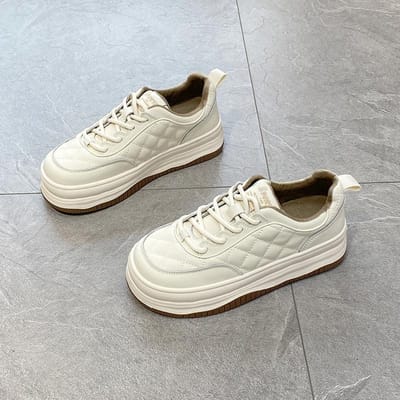 Leren Witte Schoenen Dames Winter Nieuw Dikke zool Ruit Plus Fluweel Casual Alles-match Broodbord Schoenen 39 gray