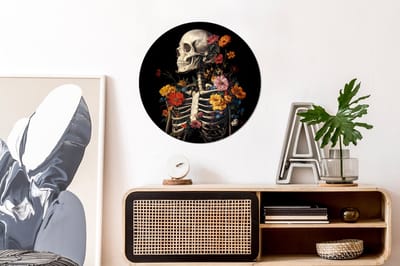 WallCircle - Wandcirkel - Muurcirkel - Skelet - Bloemen - Schedel - Kleurrijk - Aluminium - Dibond - 60x60 cm - Binnen en Buiten