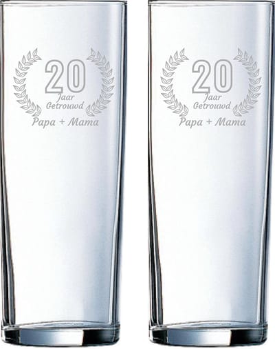 Gegraveerde set Longdrinkglazen 31cl Papa + Mama 20 jaar getrouwd