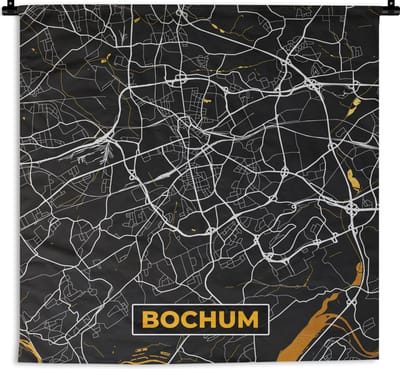 Wandkleed - Wanddoek - Bochum - Stadskaart - Plattegrond - Kaart - Goud - Duitsland - 180x180 cm - Wandtapijt