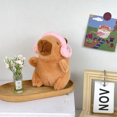 Capybara Pluche met Koptelefoon Hoes voor Hoofd Pop Sleutelhangers Schooltas Hanger Zacht Gevuld Cartoon Dier Speelgoed Cadeau