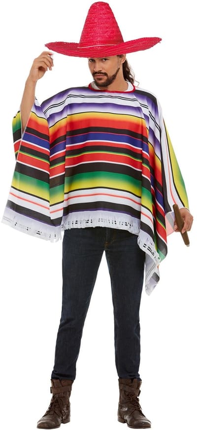 Carnaval verkleed set Mexicaan - gekleurde one size poncho - Sombrero hoed rood met dia 59 cm