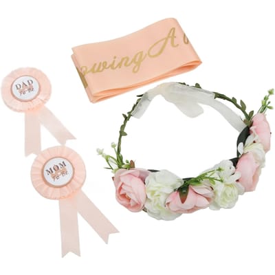 Baby Shower Tiara Baby Shower Sjerp Badge Eeuwige Krans Bloem Hoofddeksel Set Decoratie Foto beige