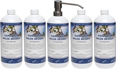Handzeep Wilde Bessen 1 liter - set van 5 stuks - met gratis RVS zilverkleurige pomp - Voordeelverpakking
